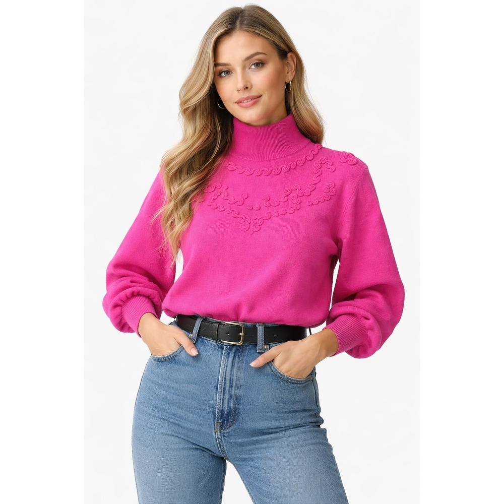Vintage DSI Skiwear Sweater Pink Turtleneck Wool Blend Embroidered Detail Size S